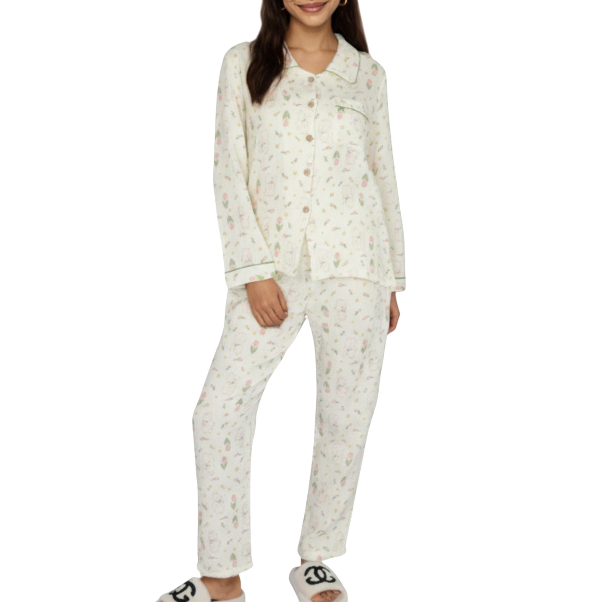 Anna-Kaci Lounge Women's 2-Piece Set Long Sleeve Button Front Top and Relaxed Fit Pants Pajama Set with Tulip Print