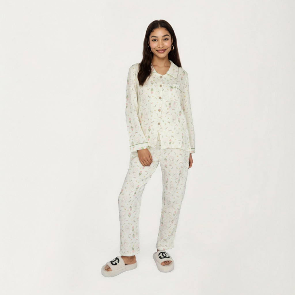 Anna-Kaci Lounge Women's 2-Piece Set Long Sleeve Button Front Top and Relaxed Fit Pants Pajama Set with Tulip Print