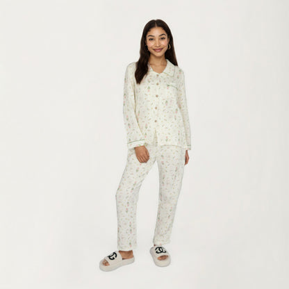 Anna-Kaci Lounge Women's 2-Piece Set Long Sleeve Button Front Top and Relaxed Fit Pants Pajama Set with Tulip Print