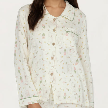 Anna-Kaci Lounge Women's 2-Piece Set Long Sleeve Button Front Top and Relaxed Fit Pants Pajama Set with Tulip Print