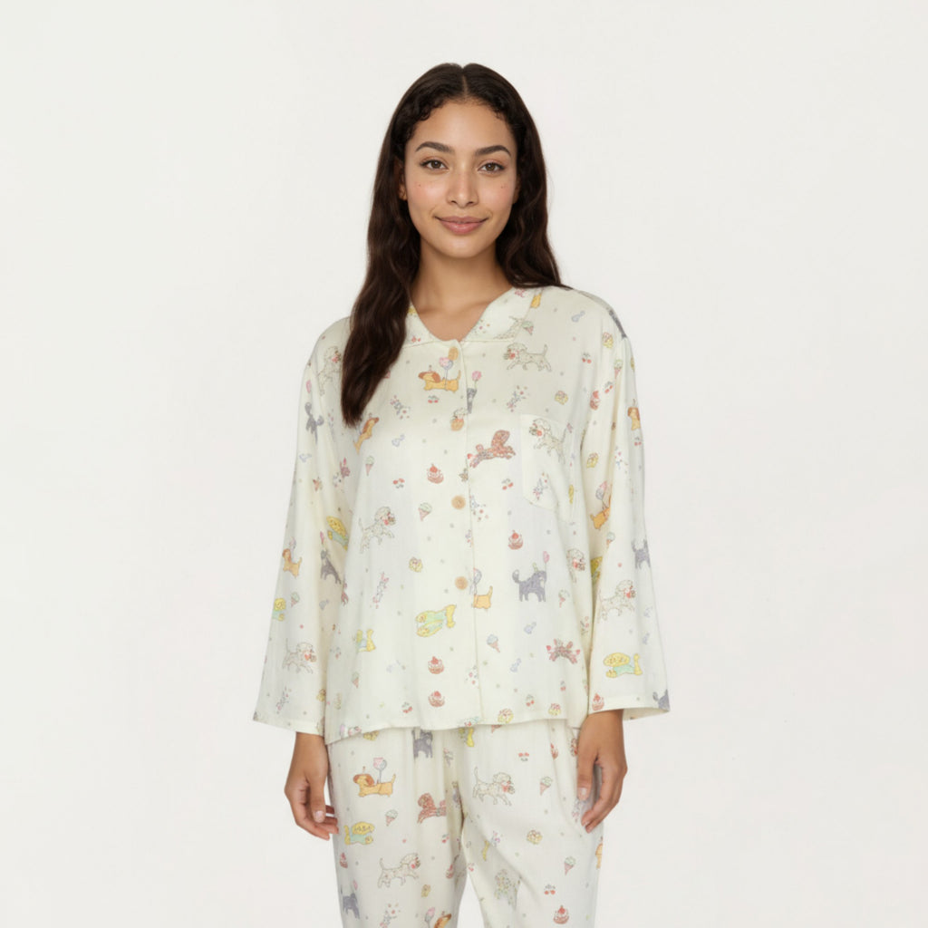 Anna-Kaci Lounge Women's 2-Piece Set Dog Print Button-Up Long Sleeve Pajama Top and Matching Pants
