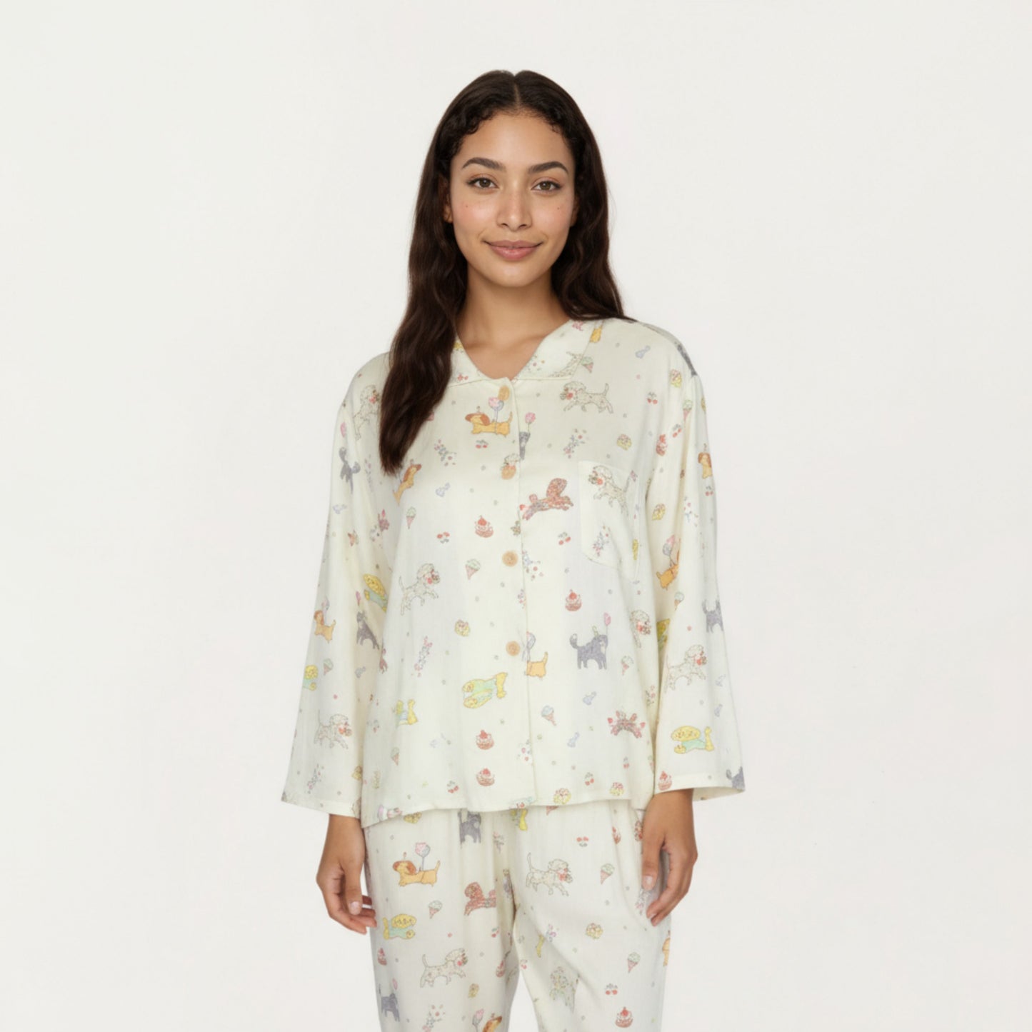 Anna-Kaci Lounge Women's 2-Piece Set Dog Print Button-Up Long Sleeve Pajama Top and Matching Pants