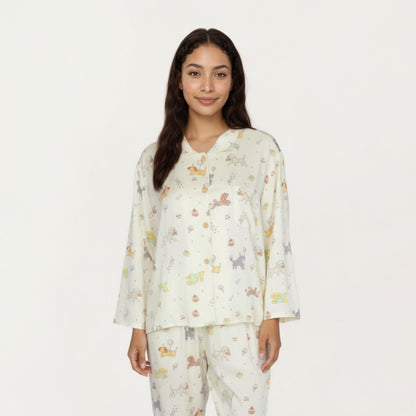 Anna-Kaci Lounge Women's 2-Piece Set Dog Print Button-Up Long Sleeve Pajama Top and Matching Pants
