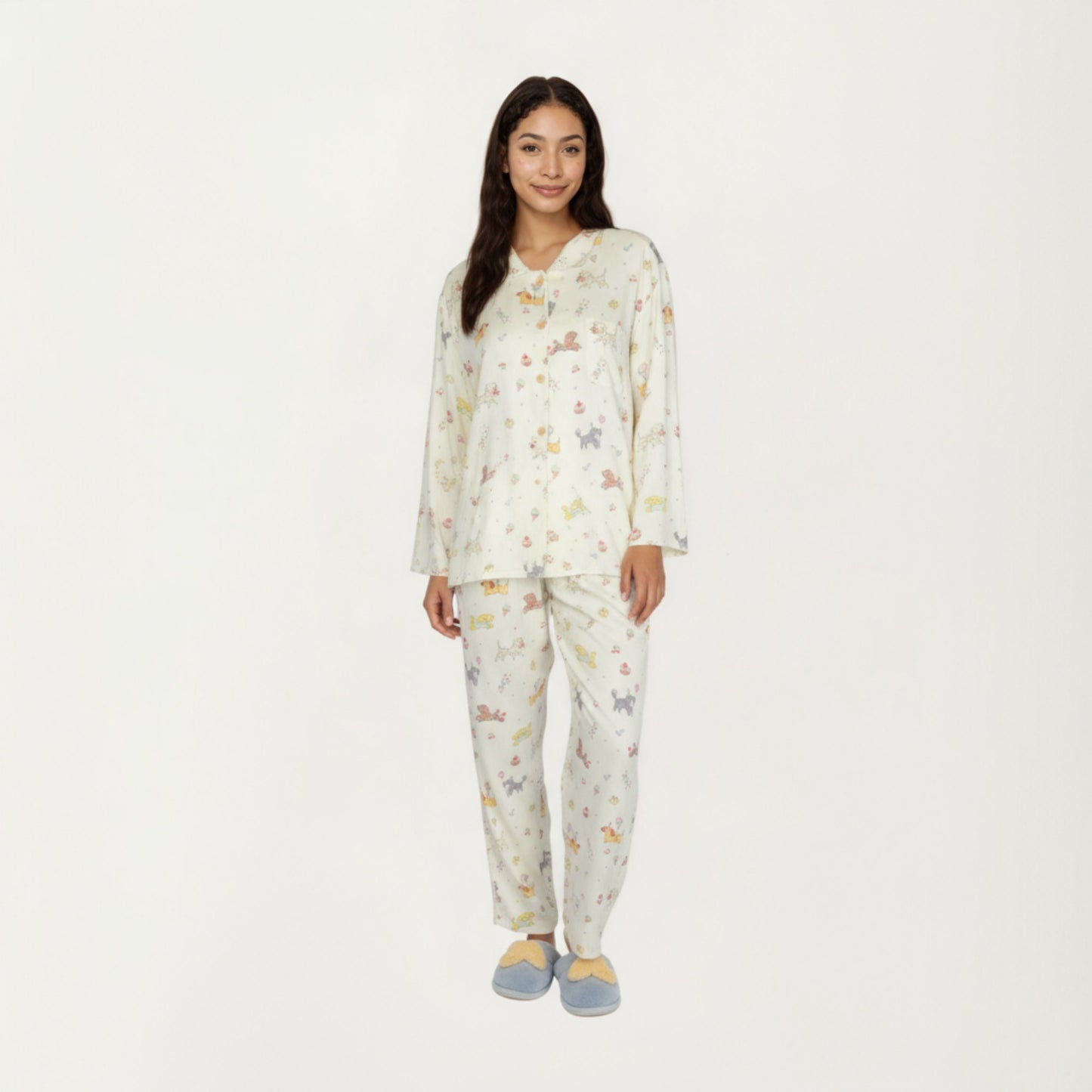 Anna-Kaci Lounge Women's 2-Piece Set Dog Print Button-Up Long Sleeve Pajama Top and Matching Pants