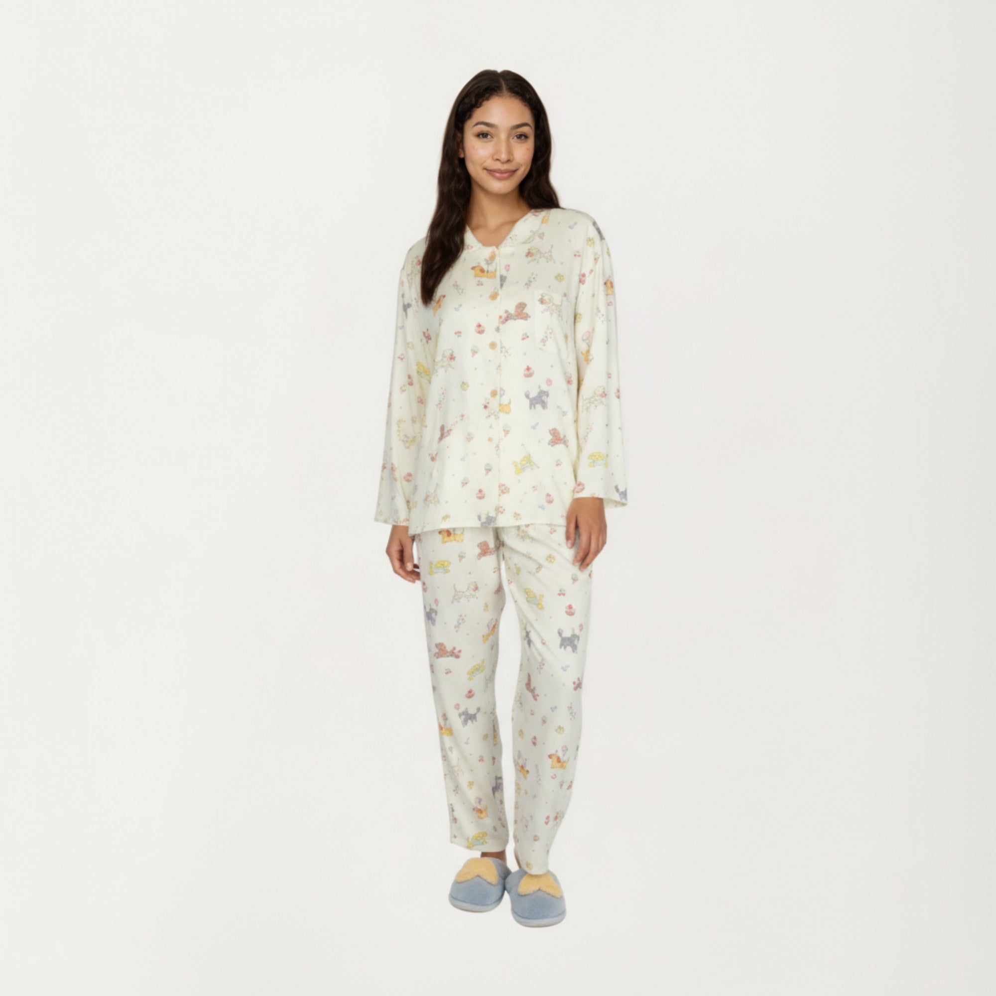 Anna-Kaci Lounge Women's 2-Piece Set Dog Print Button-Up Long Sleeve Pajama Top and Matching Pants