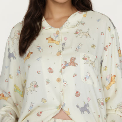 Anna-Kaci Lounge Women's 2-Piece Set Dog Print Button-Up Long Sleeve Pajama Top and Matching Pants