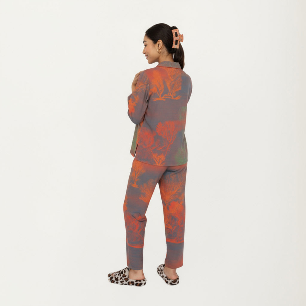 Anna-Kaci Lounge Women's 2-Piece Set Long Sleeve Button Front Top and Relaxed Fit Pants Pajama Set with Abstract Print