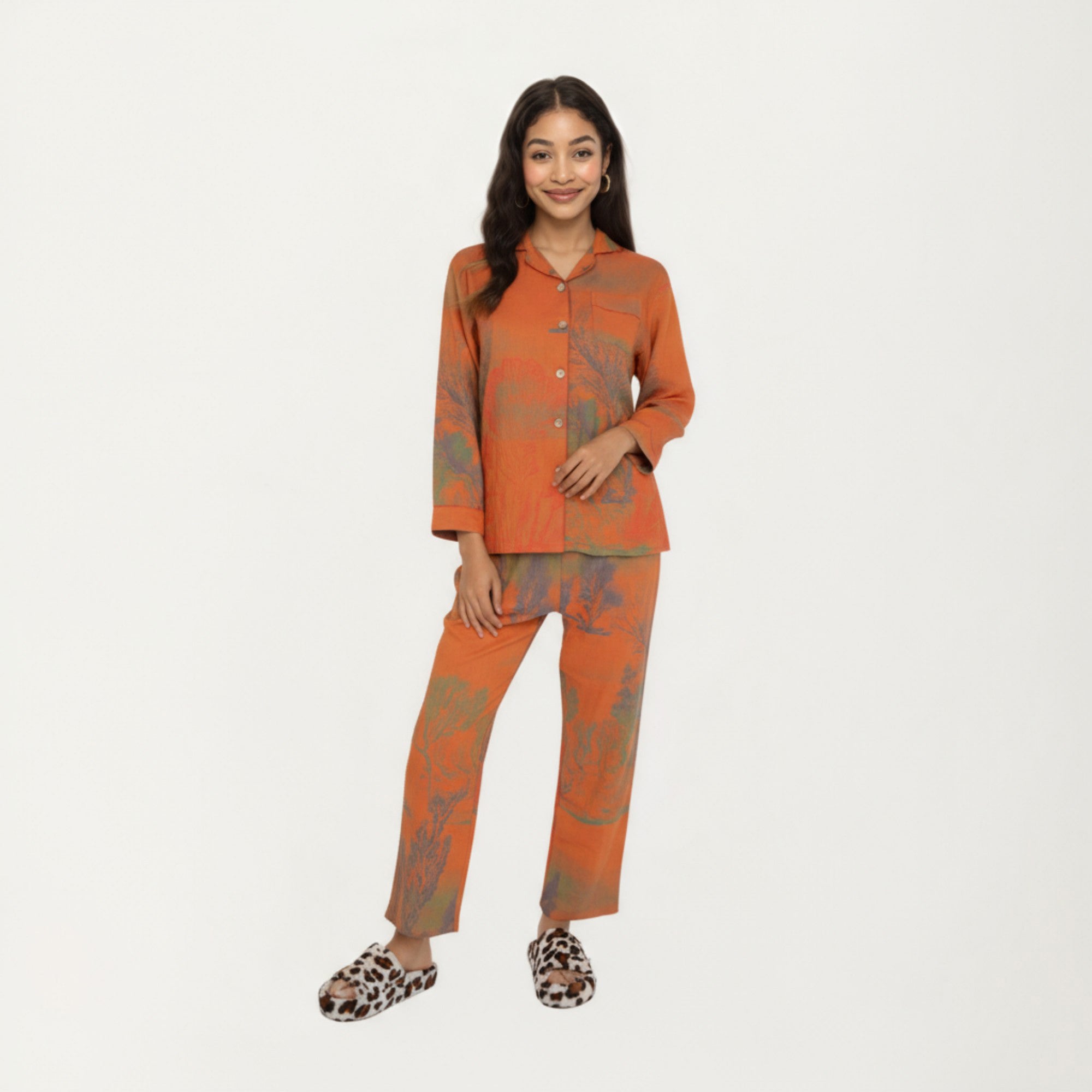 Anna-Kaci Lounge Women's 2-Piece Set Long Sleeve Button Front Top and Relaxed Fit Pants Pajama Set with Abstract Print