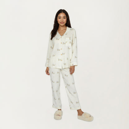 Anna-Kaci Lounge Women's 2-Piece Set Long Sleeve Button Front Top and Relaxed Fit Pants Pajama Set with Dog Print