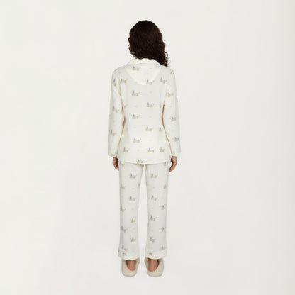 Anna-Kaci Lounge Women's 2-Piece Set Long Sleeve Button Front Top and Relaxed Fit Pants Pajama Set with Dog Print