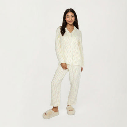 Anna-Kaci Lounge Women's 2-Piece Set Long Sleeve Button Front Top and Relaxed Fit Pants Pajama Set with Polka Dot Print