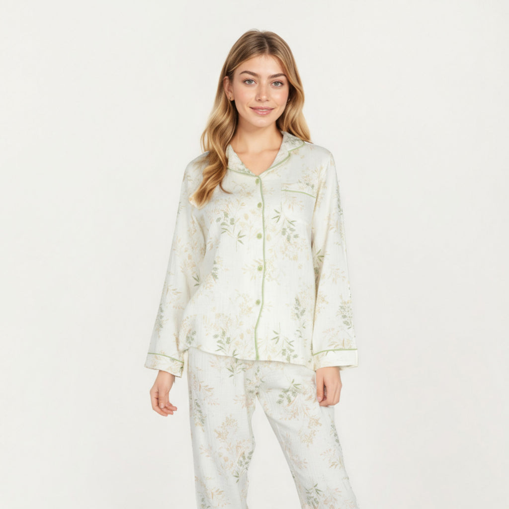 Anna-Kaci Lounge Women's 2-Piece Set Long Sleeve Button Front Top and Relaxed Fit Pants Pajama Set with Botanical Print