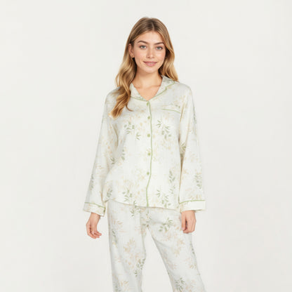 Anna-Kaci Lounge Women's 2-Piece Set Long Sleeve Button Front Top and Relaxed Fit Pants Pajama Set with Botanical Print