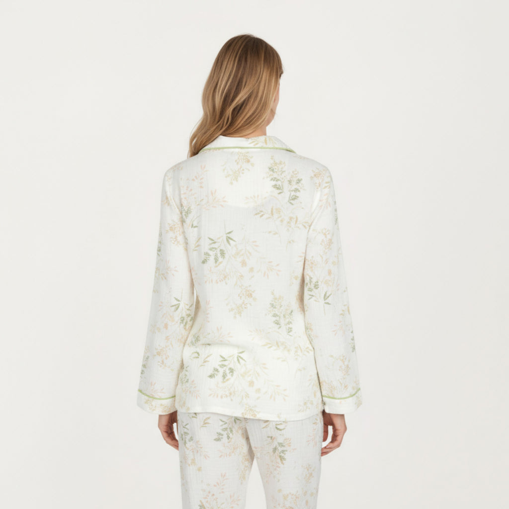 Anna-Kaci Lounge Women's 2-Piece Set Long Sleeve Button Front Top and Relaxed Fit Pants Pajama Set with Botanical Print