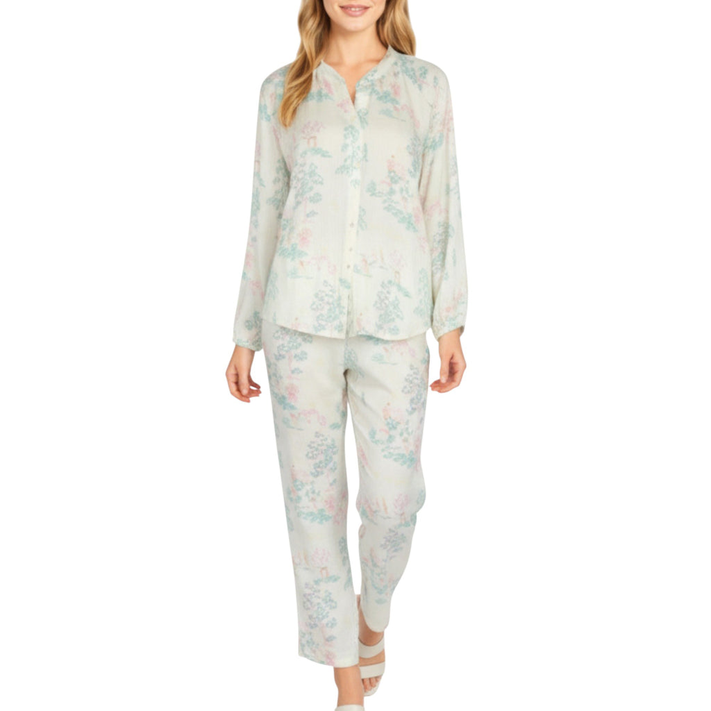 Anna-Kaci Lounge Women's 2-Piece Set Long Sleeve Button Front Top and Relaxed Fit Pants Pajama Set with Pastel Print