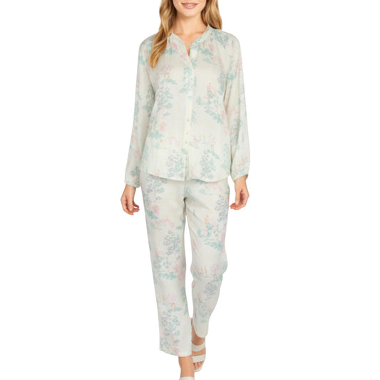 Anna-Kaci Lounge Women's 2-Piece Set Long Sleeve Button Front Top and Relaxed Fit Pants Pajama Set with Pastel Print