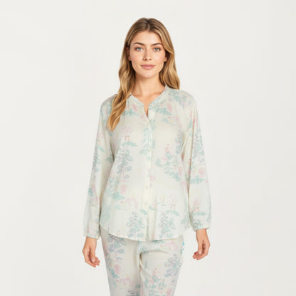 Anna-Kaci Lounge Women's 2-Piece Set Long Sleeve Button Front Top and Relaxed Fit Pants Pajama Set with Pastel Print