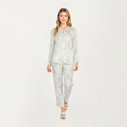 Anna-Kaci Lounge Women's 2-Piece Set Long Sleeve Button Front Top and Relaxed Fit Pants Pajama Set with Pastel Print