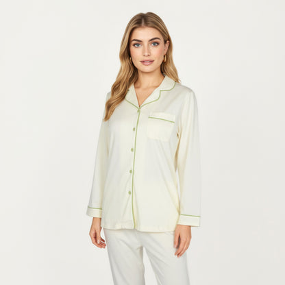 Anna-Kaci Lounge Women's 2-Piece Set Long Sleeve Button Front Top and Matching Relaxed Fit Pants Pajama Set with Contrast Piping