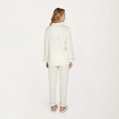 Anna-Kaci Lounge Women's 2-Piece Set Long Sleeve Button Front Top and Matching Relaxed Fit Pants Pajama Set with Contrast Piping