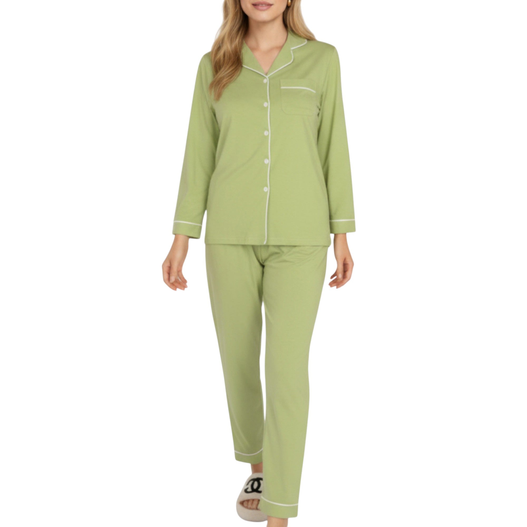 Anna-Kaci Lounge Women's 2-Piece Set Long Sleeve Button Front Top and Matching Relaxed Fit Pants Pajama Set with Contrast Piping