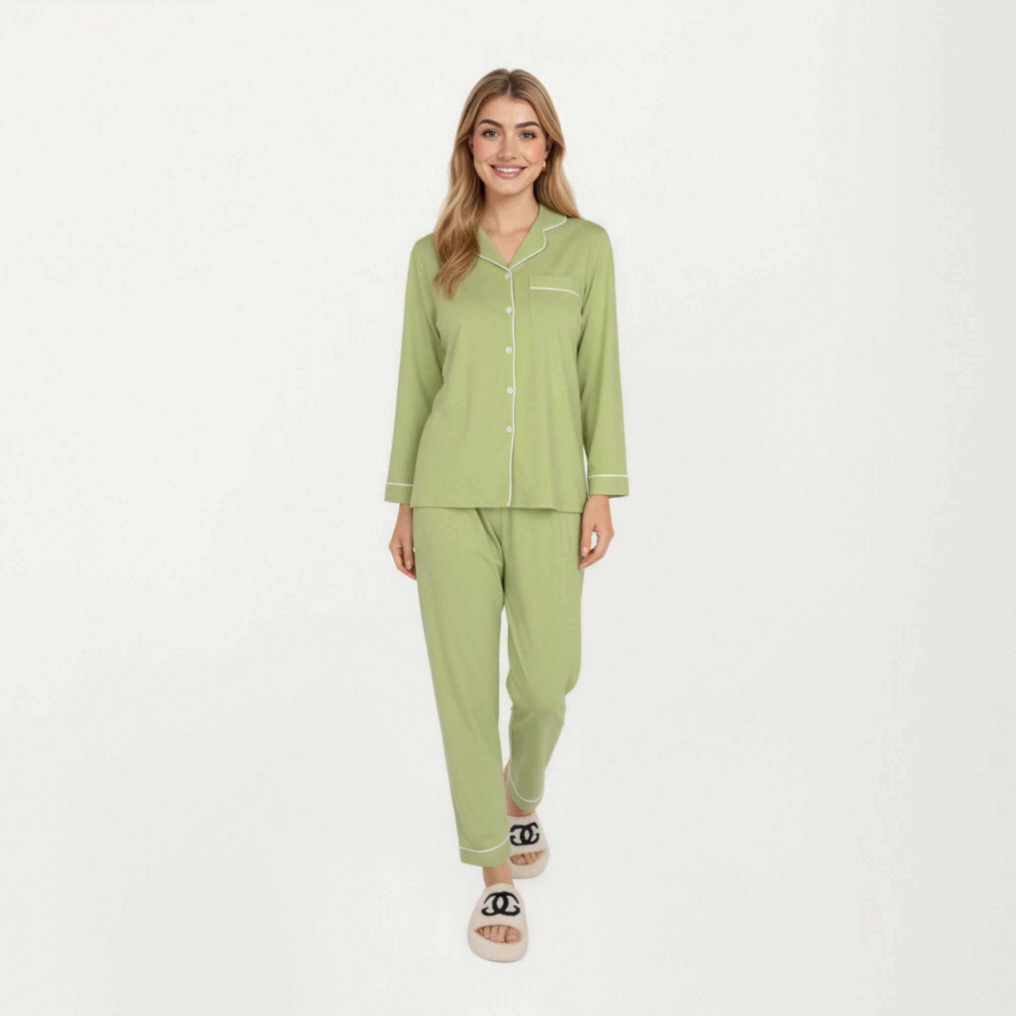 Anna-Kaci Lounge Women's 2-Piece Set Long Sleeve Button Front Top and Matching Relaxed Fit Pants Pajama Set with Contrast Piping