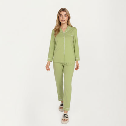 Anna-Kaci Lounge Women's 2-Piece Set Long Sleeve Button Front Top and Matching Relaxed Fit Pants Pajama Set with Contrast Piping