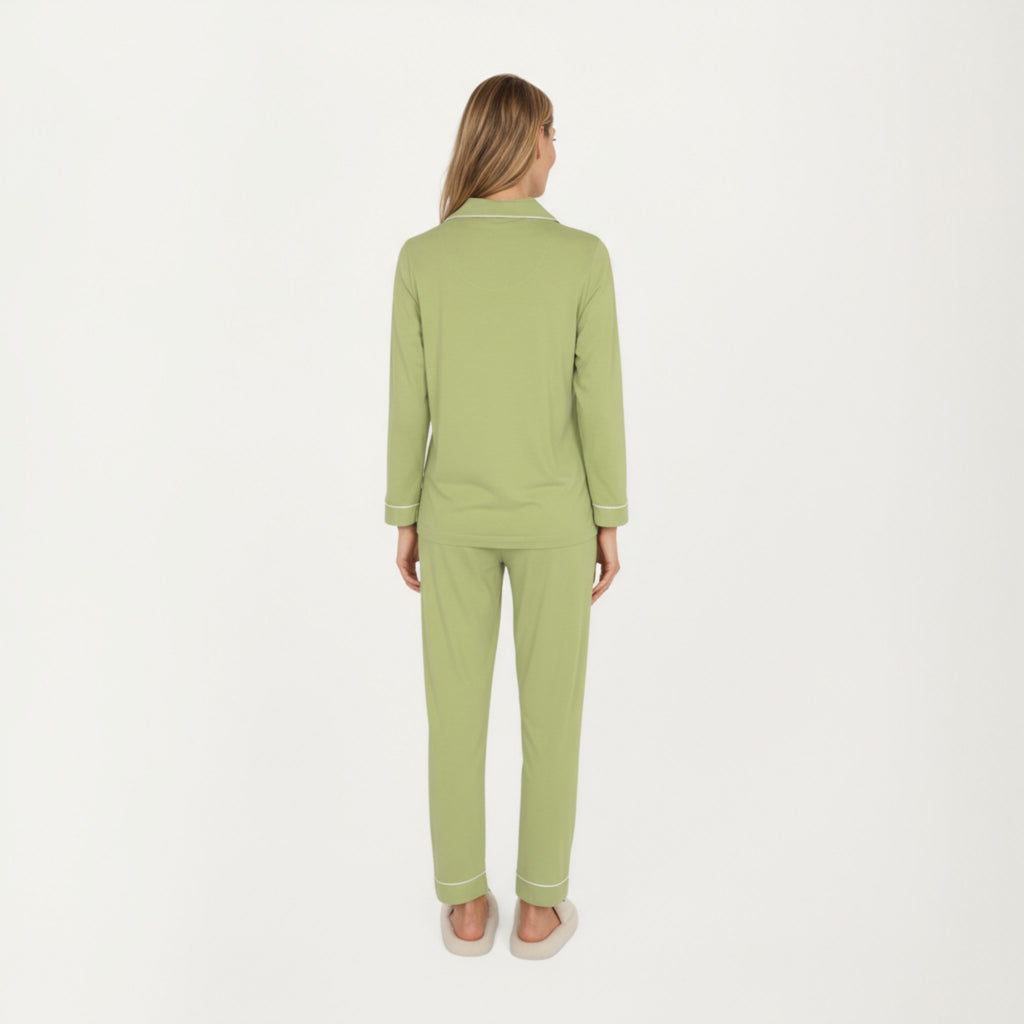 Anna-Kaci Lounge Women's 2-Piece Set Long Sleeve Button Front Top and Matching Relaxed Fit Pants Pajama Set with Contrast Piping