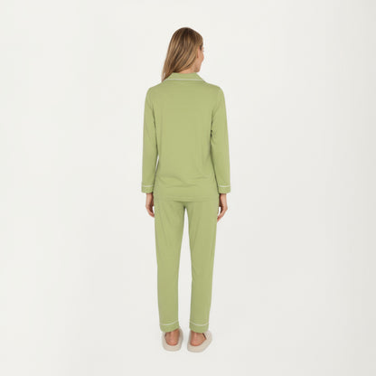 Anna-Kaci Lounge Women's 2-Piece Set Long Sleeve Button Front Top and Matching Relaxed Fit Pants Pajama Set with Contrast Piping