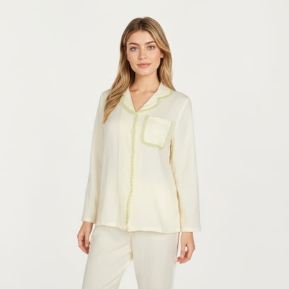 Anna-Kaci Lounge Women's 2-Piece Set Long Sleeve Button Front Pajama Top with Lace Trim Collar and Relaxed Fit Pants