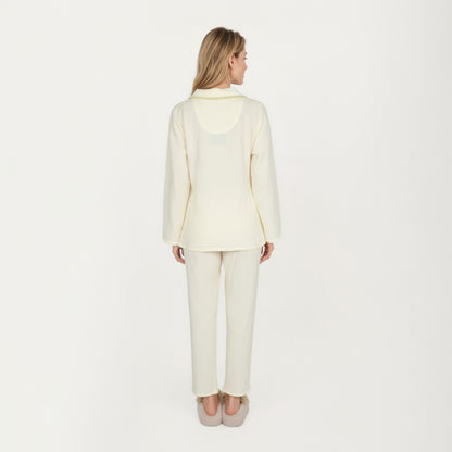Anna-Kaci Lounge Women's 2-Piece Set Long Sleeve Button Front Pajama Top with Lace Trim Collar and Relaxed Fit Pants