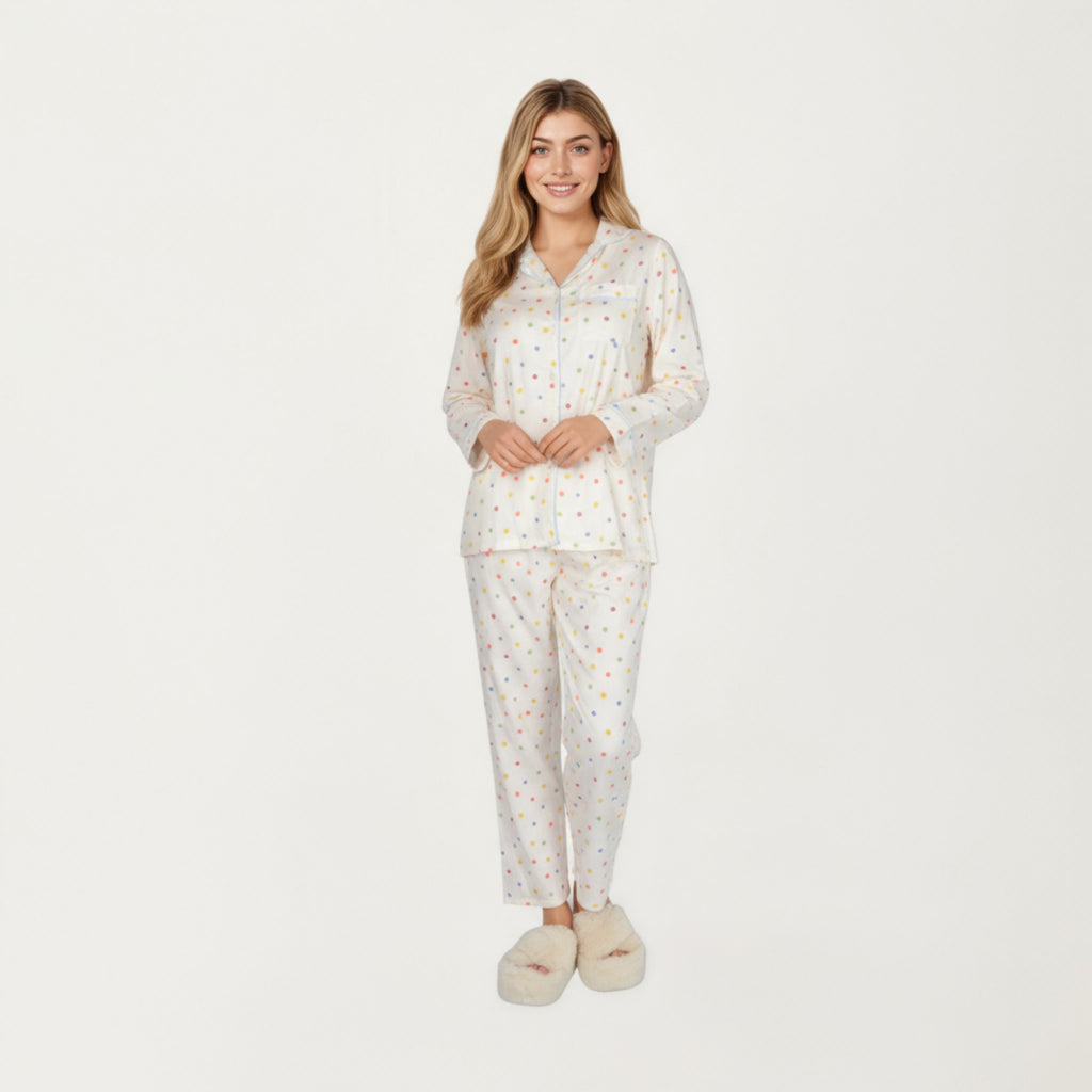 Anna-Kaci Lounge Women's 2-Piece Set Polka Dot Print Button-Up Long Sleeve Pajama Top and Matching Pants