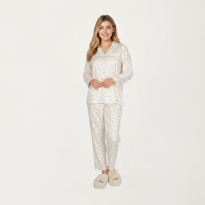 Anna-Kaci Lounge Women's 2-Piece Set Polka Dot Print Button-Up Long Sleeve Pajama Top and Matching Pants