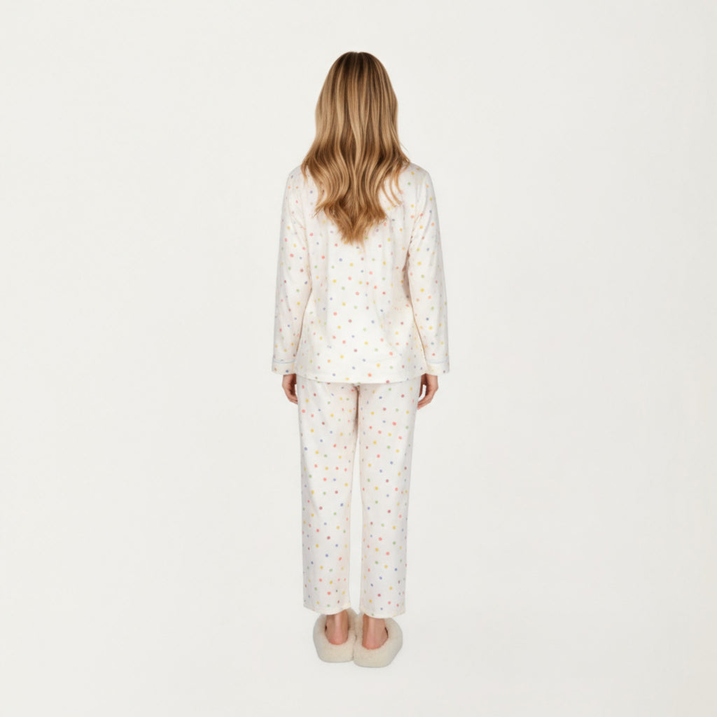 Anna-Kaci Lounge Women's 2-Piece Set Polka Dot Print Button-Up Long Sleeve Pajama Top and Matching Pants
