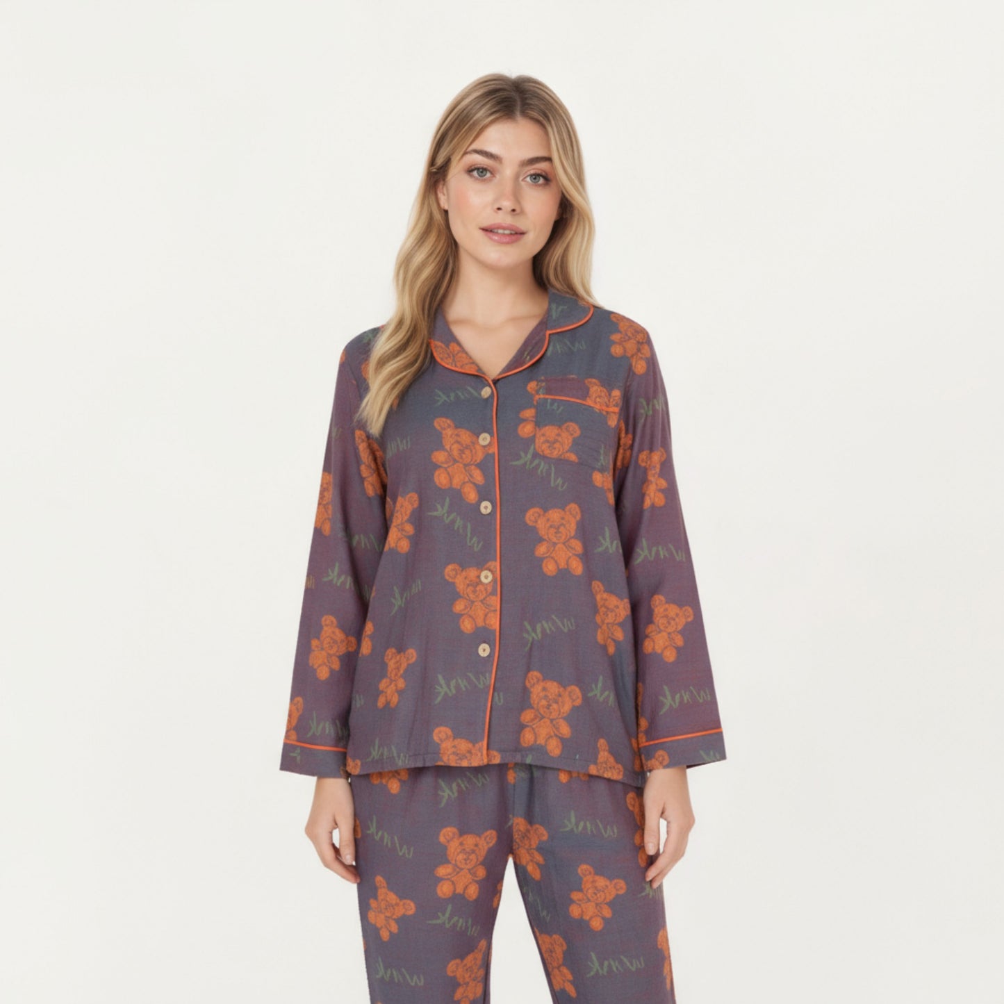 Anna-Kaci Lounge Women's 2-Piece Set Teddy Bear Print Button-Up Long Sleeve Pajama Top and Relaxed Fit Pants