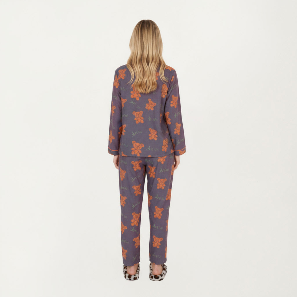 Anna-Kaci Lounge Women's 2-Piece Set Teddy Bear Print Button-Up Long Sleeve Pajama Top and Relaxed Fit Pants