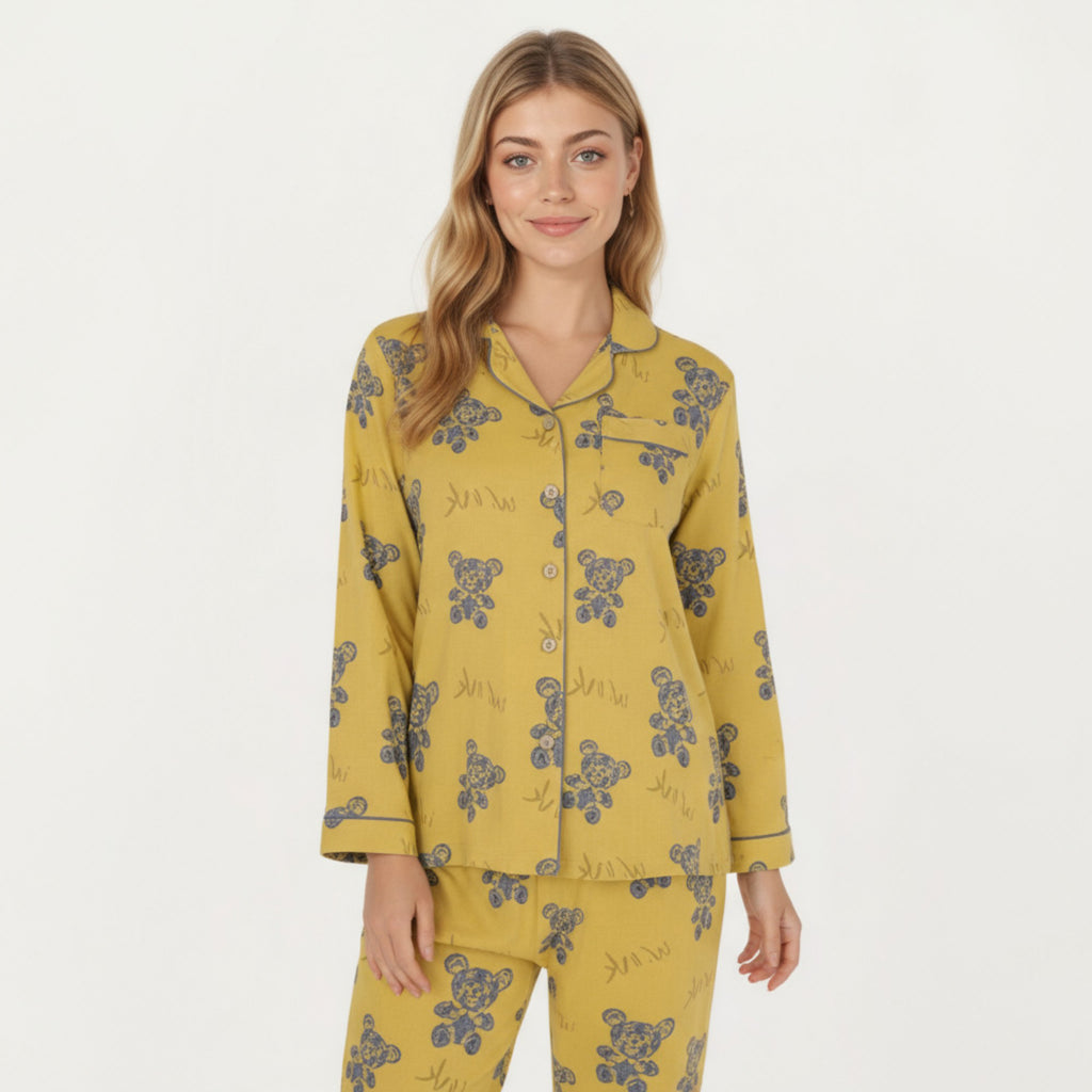 Anna-Kaci Lounge Women's 2-Piece Set Teddy Bear Print Button-Up Long Sleeve Pajama Top and Relaxed Fit Pants
