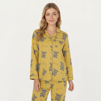 Anna-Kaci Lounge Women's 2-Piece Set Teddy Bear Print Button-Up Long Sleeve Pajama Top and Relaxed Fit Pants