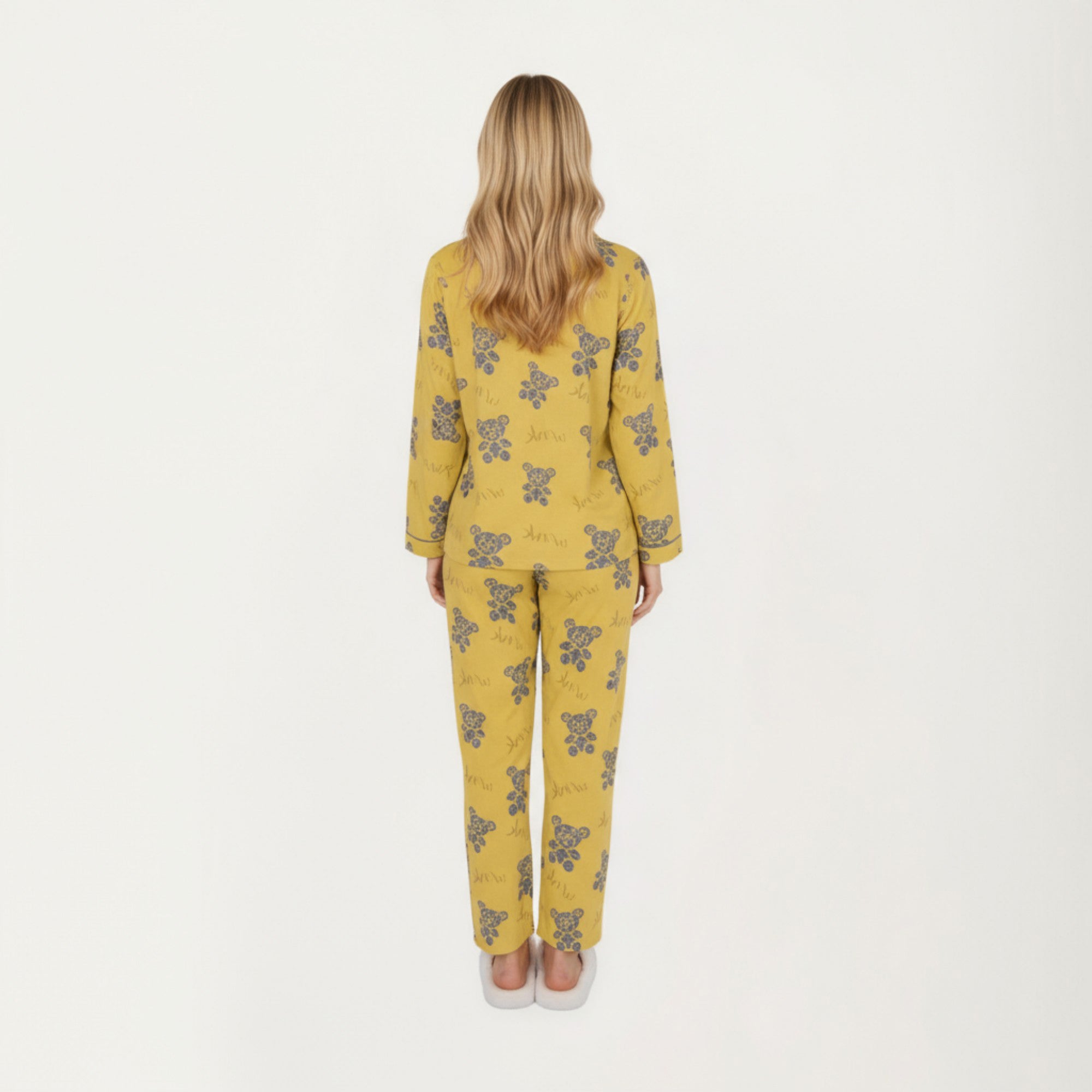 Anna-Kaci Lounge Women's 2-Piece Set Teddy Bear Print Button-Up Long Sleeve Pajama Top and Relaxed Fit Pants