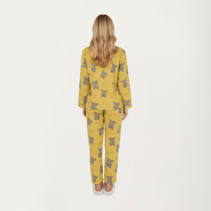 Anna-Kaci Lounge Women's 2-Piece Set Teddy Bear Print Button-Up Long Sleeve Pajama Top and Relaxed Fit Pants