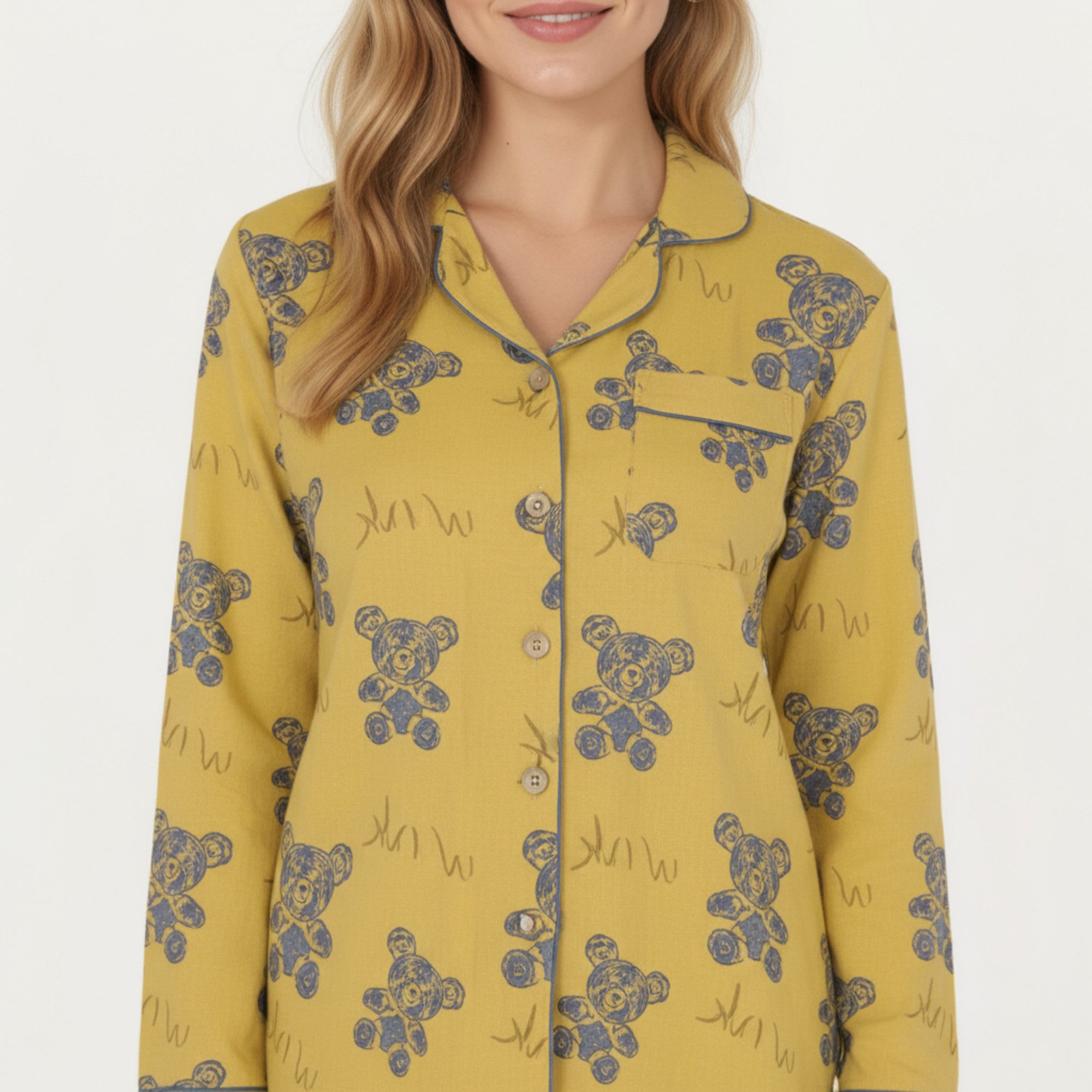 Anna-Kaci Lounge Women's 2-Piece Set Teddy Bear Print Button-Up Long Sleeve Pajama Top and Relaxed Fit Pants