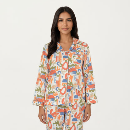 Anna-Kaci Lounge Women's 2-Piece Set Abstract Print Button-Up V-Neck Pajama Top and Matching Pants