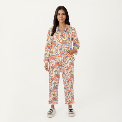 Anna-Kaci Lounge Women's 2-Piece Set Abstract Print Button-Up V-Neck Pajama Top and Matching Pants
