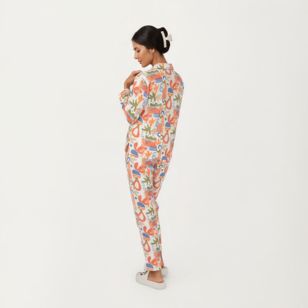 Anna-Kaci Lounge Women's 2-Piece Set Abstract Print Button-Up V-Neck Pajama Top and Matching Pants