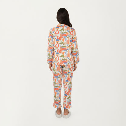 Anna-Kaci Lounge Women's 2-Piece Set Abstract Print Button-Up V-Neck Pajama Top and Matching Pants