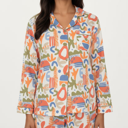 Anna-Kaci Lounge Women's 2-Piece Set Abstract Print Button-Up V-Neck Pajama Top and Matching Pants
