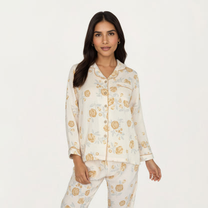 Anna-Kaci Lounge Women's 2-Piece Set Button-Up Floral Print Long Sleeve Sleep Shirt with Matching Relaxed Fit Pants
