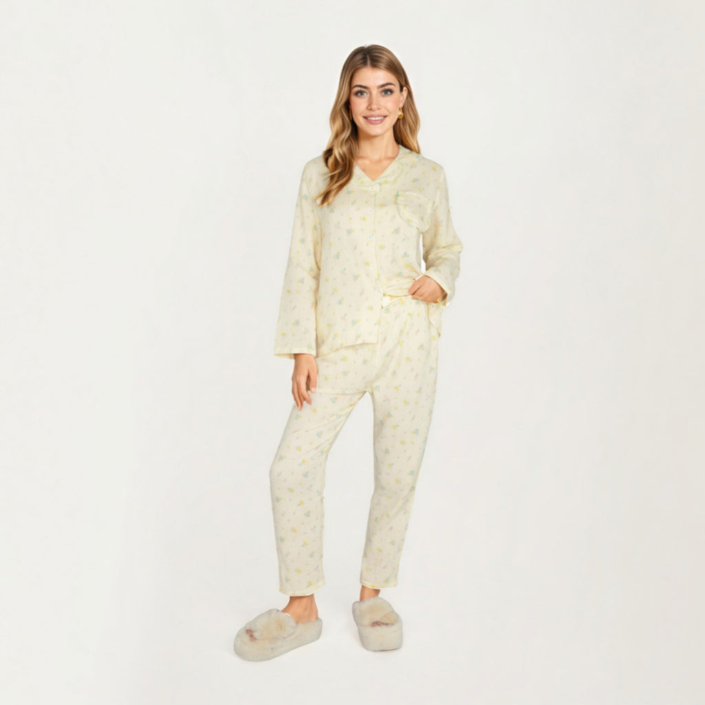 Anna-Kaci Lounge Women's 2-Piece Set Button Front Pajama Top with Ruffled Collar and Relaxed Fit Pants