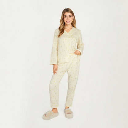 Anna-Kaci Lounge Women's 2-Piece Set Button Front Pajama Top with Ruffled Collar and Relaxed Fit Pants