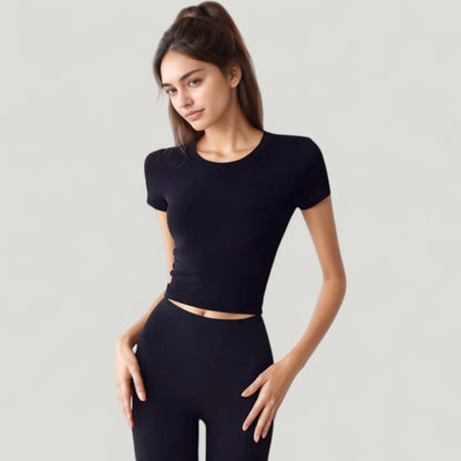 Anna-Kaci Active Women's Short Sleeve Open Back Crop Top with Twist Detail and Fitted Silhouette